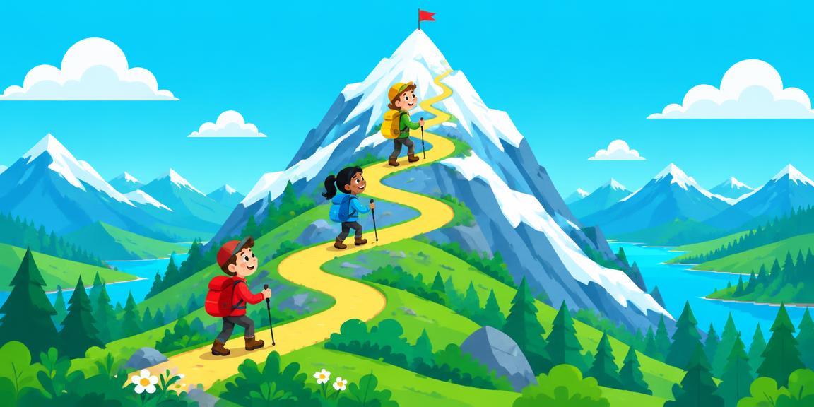 Ilustração de exploradores subindo uma montanha, inspirada na atividade Time to Climb